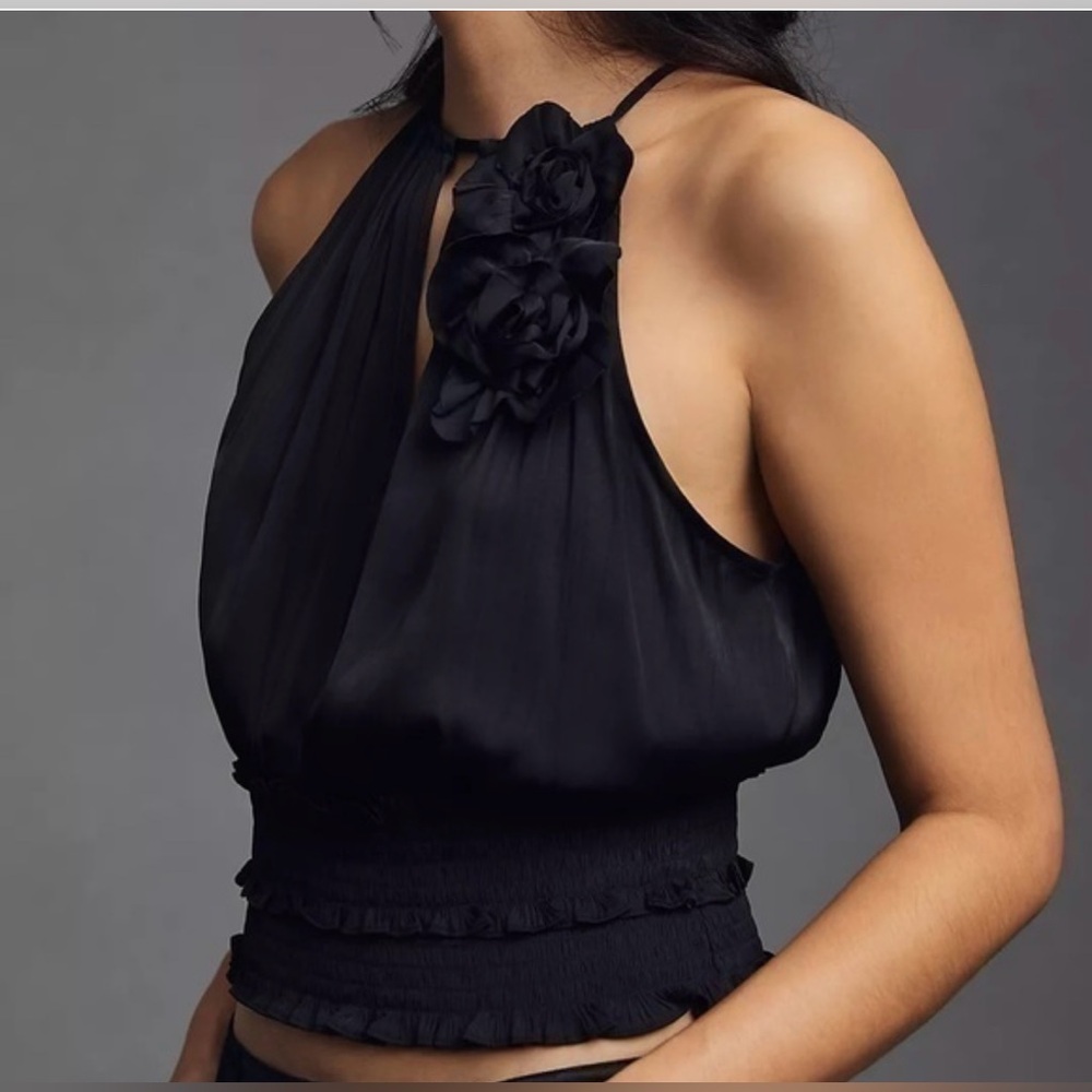 NWT By Anthropologie Floral Halter Top in Black Size Large